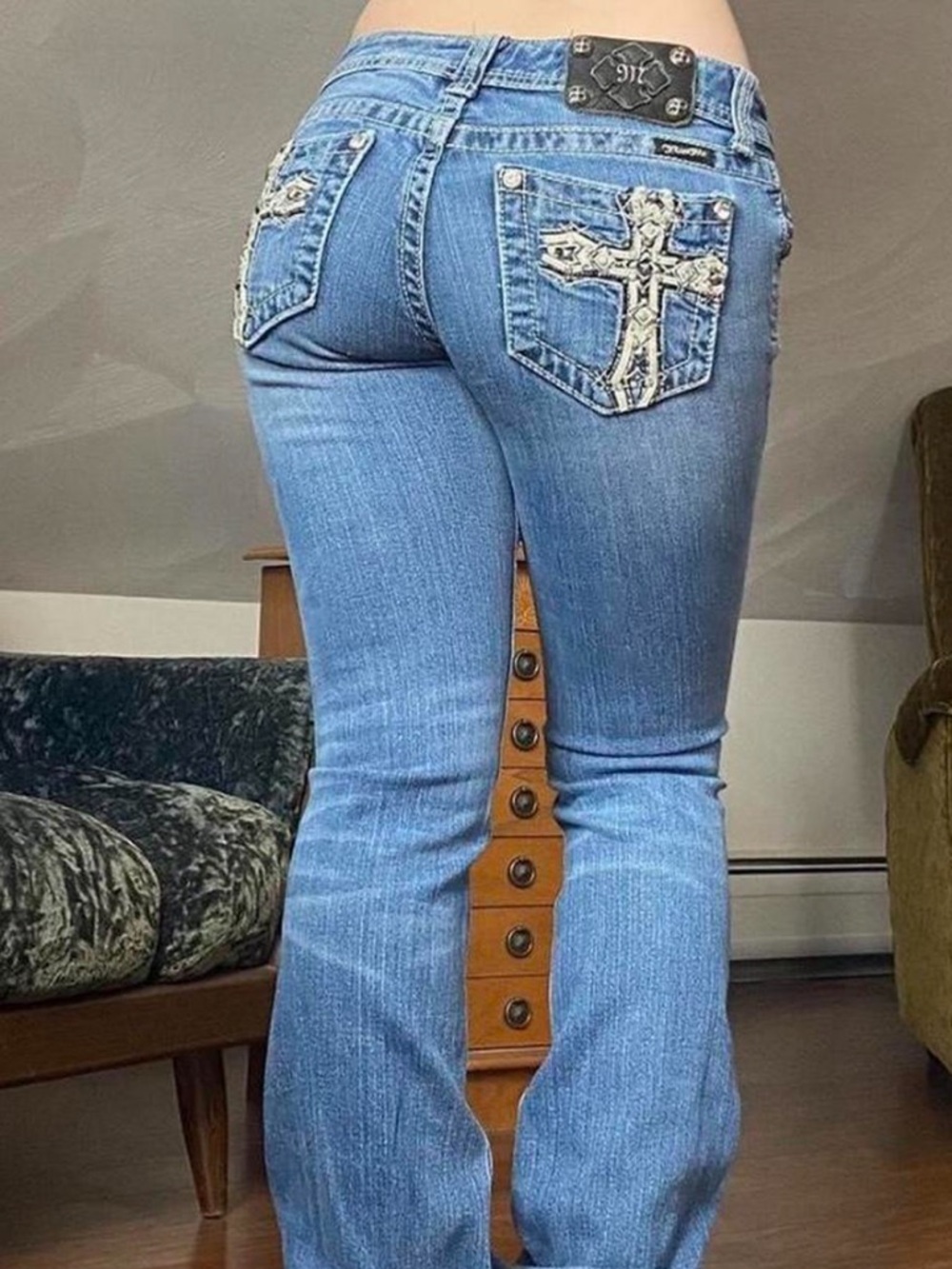 Miss Me Light Blue Bootcut Jeans with Embellished Cross Pockets